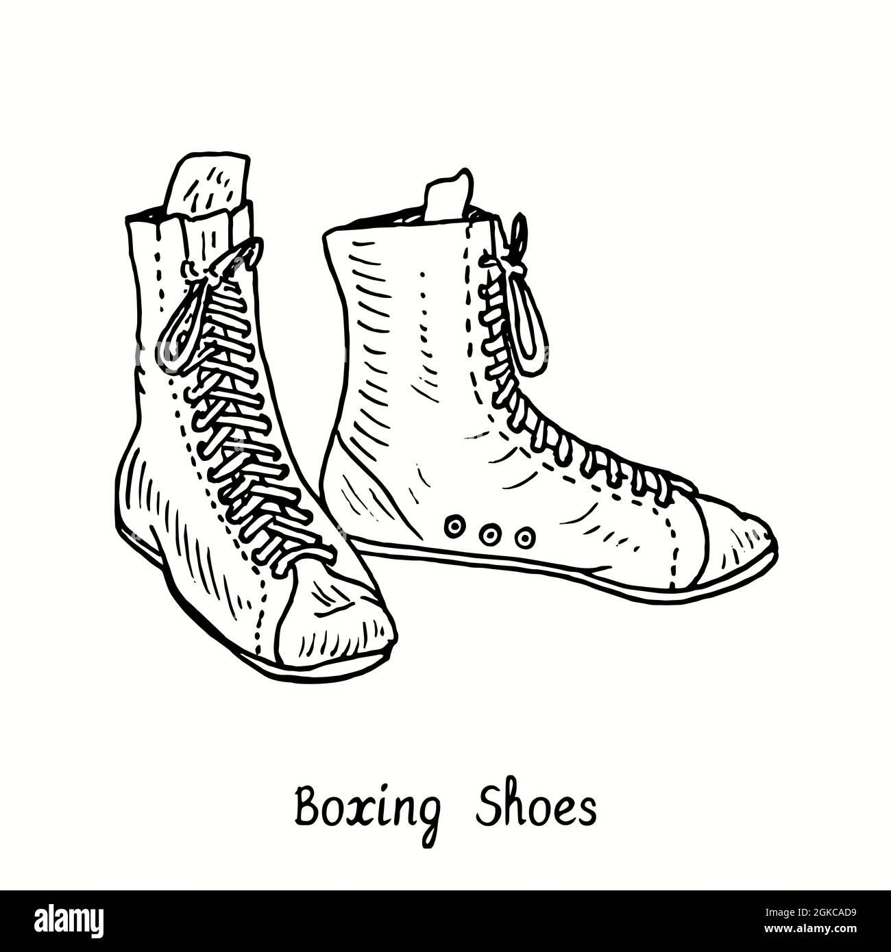 Boxing Shoes. Ink black and white doodle drawing in woodcut style. Stock Photo
