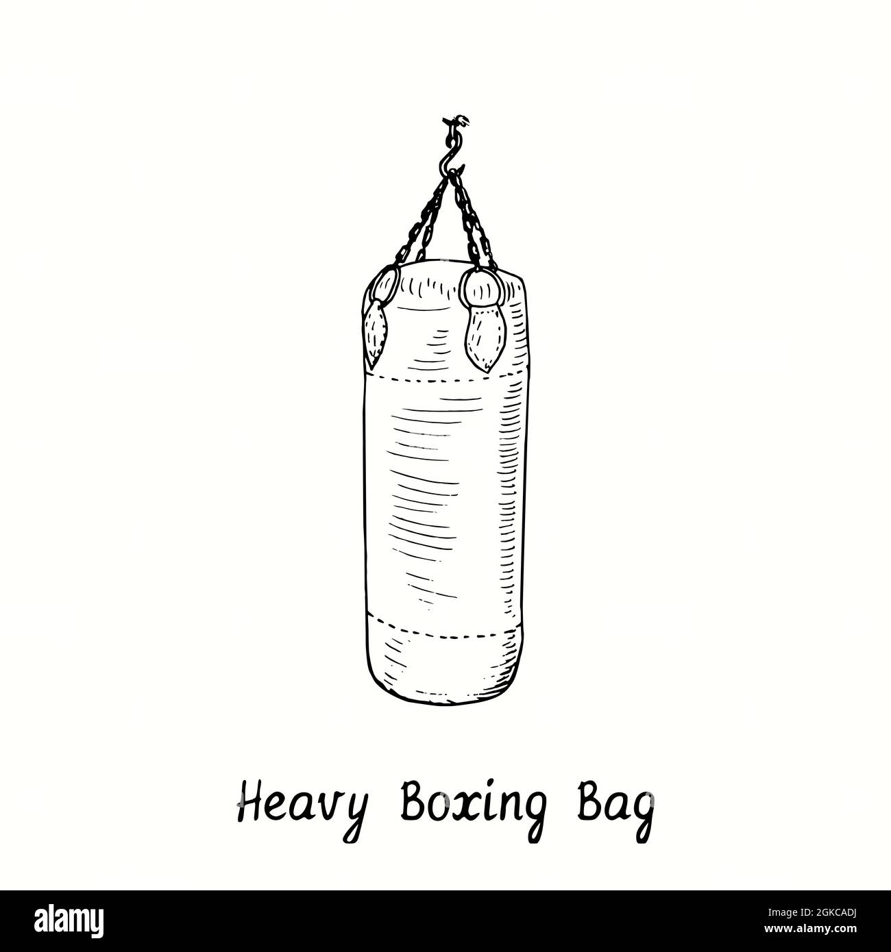 Heavy Boxing Bag. Ink black and white doodle drawing in woodcut style