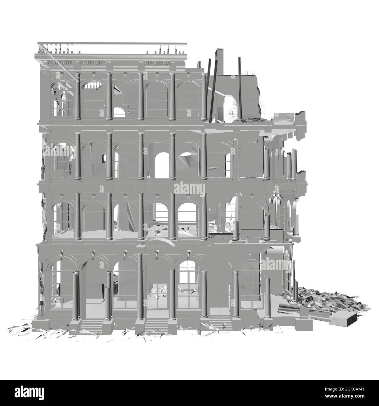 Destroyed building isolated on a white background. Side view. Vector illustration. Stock Vector