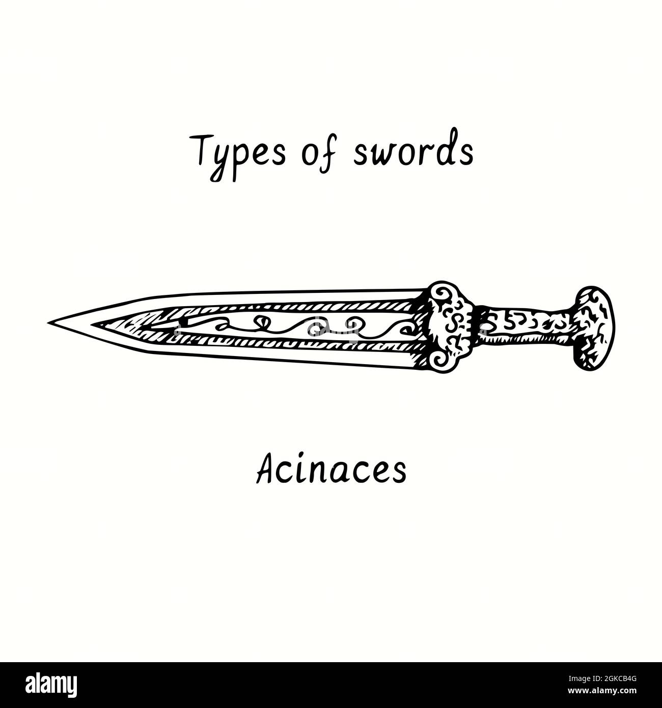 Types of swords. Acinaces. Ink black and white doodle drawing in woodcut style. Stock Photo
