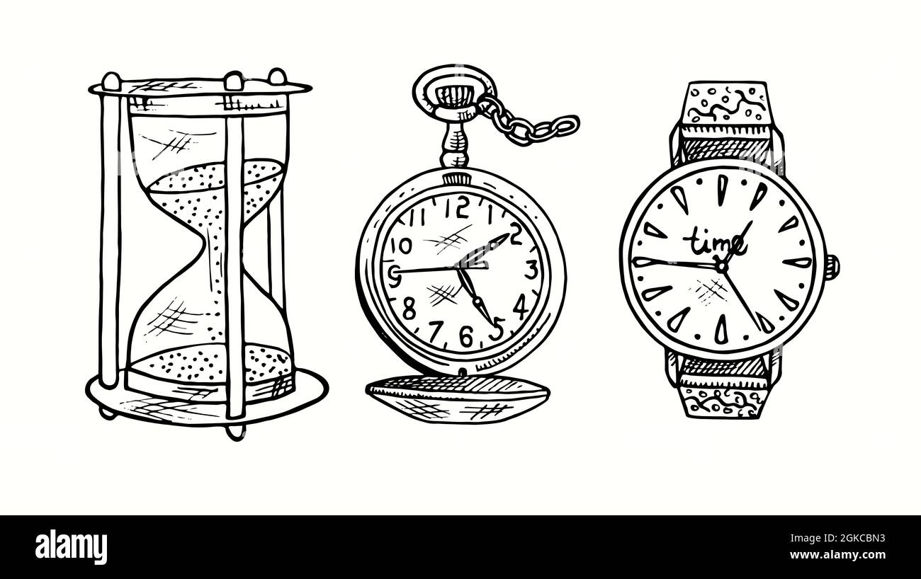 Hand drawn retro watches collection, hourglass, chain watches, strap watch. Ink black and white