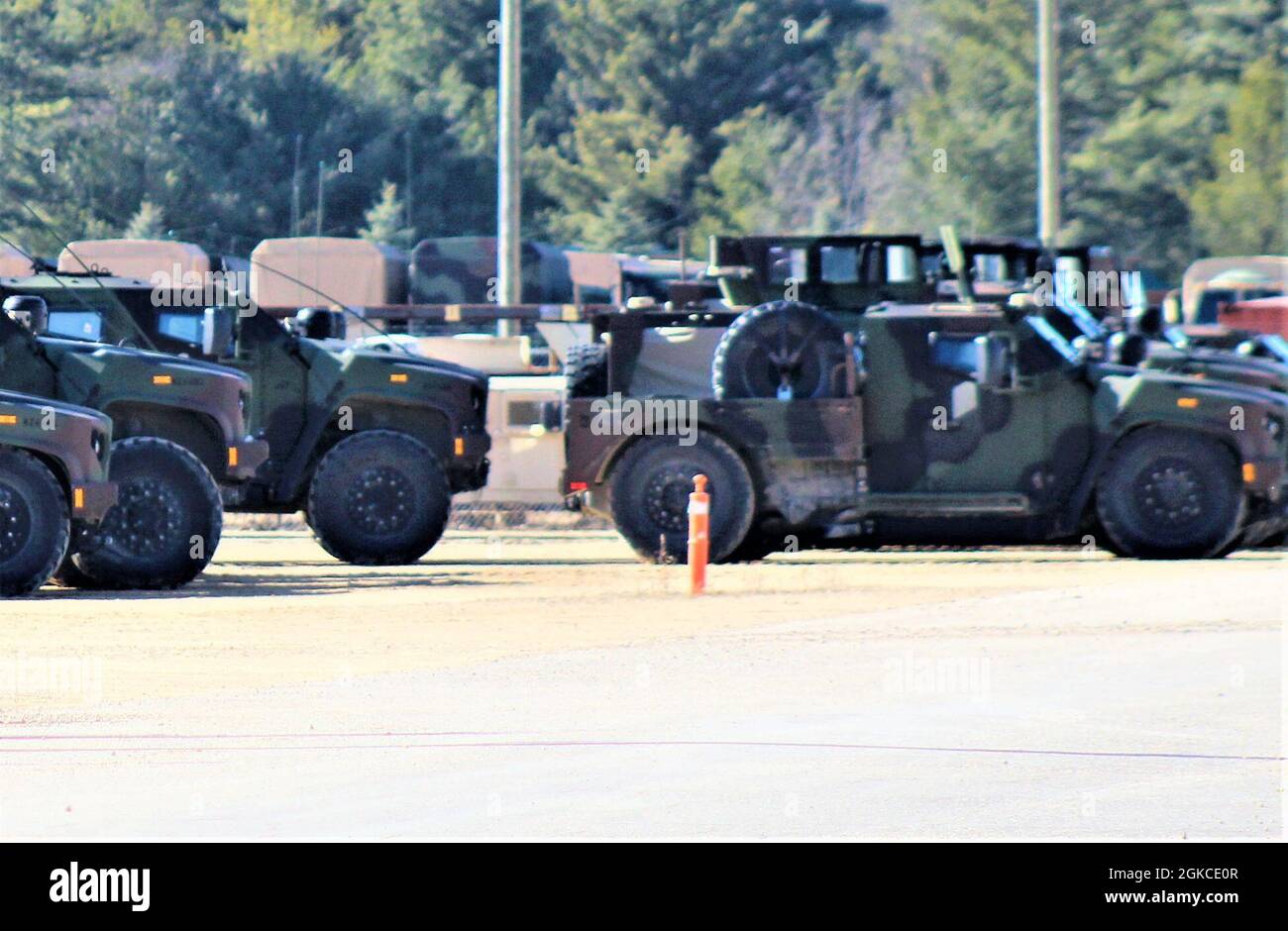 Joint Light Tactical Vehicles (JLTV) are shown in a staging area on the  cantonment area March 11, 2021, at Fort McCoy, Wis. The JLTV family of vehicles  is designed to restore payload