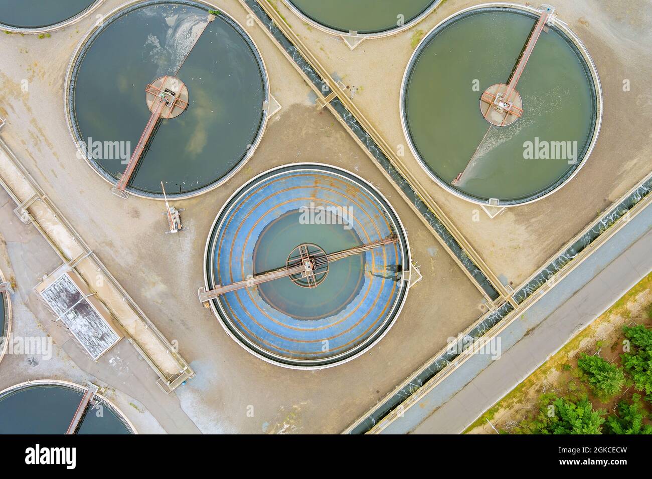 Aerial view of waste water treatment plant solid sedimentation tank Stock Photo