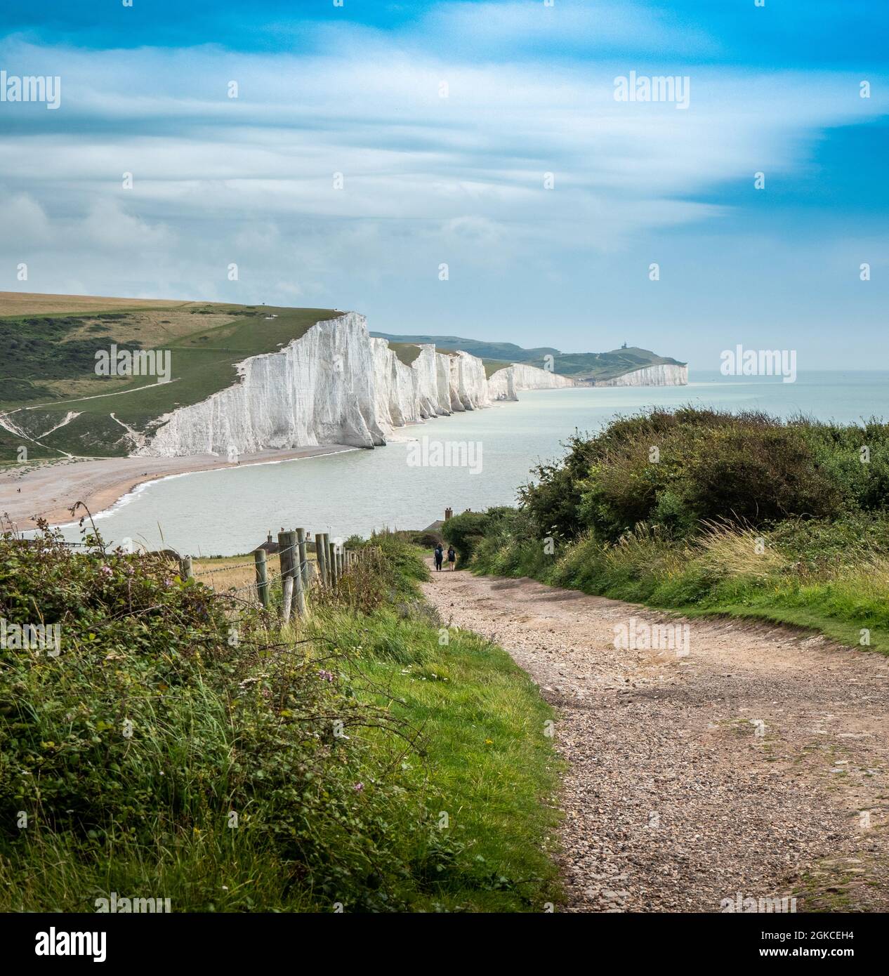 The rugged coastline of East Sussex looking over Cuckmere Haven and the Seven Sisters white chalk cliffs into the English Channel. Stock Photo