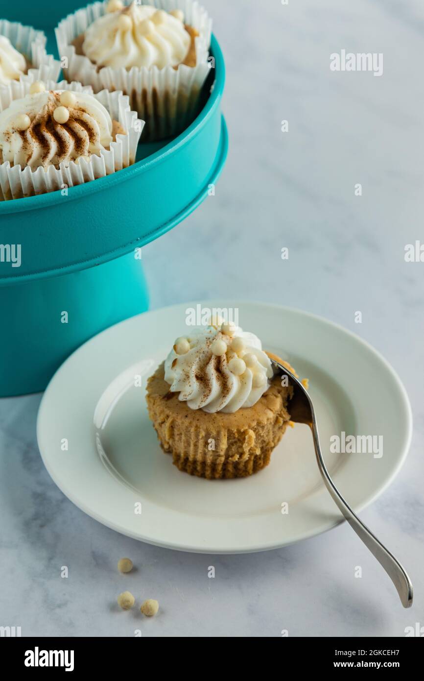 One mini pumpkin cheesecake on white plate with silver spoon, and a teal cake tray with more cheesecakes on it,  in the background. Stock Photo
