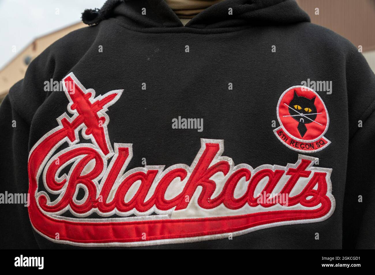 A sweater shirt with the 5th Reconnaissance Squadron logo the 'Blackcats' at Osan Air Base, Republic of Korea, March 12, 2021. Stock Photo