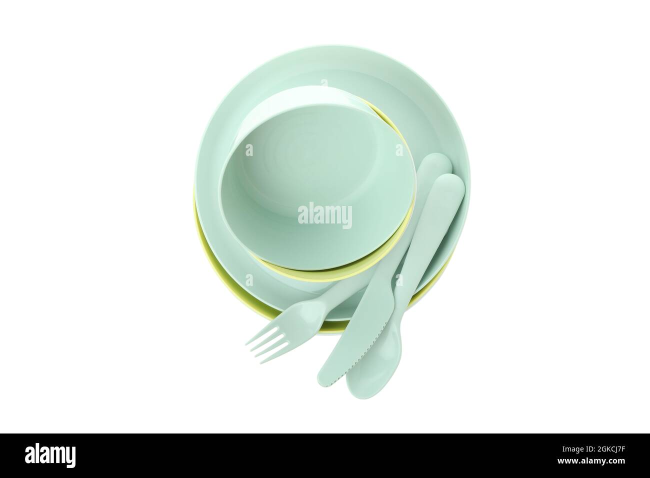 Colorful plastic dishware isolated on white background Stock Photo