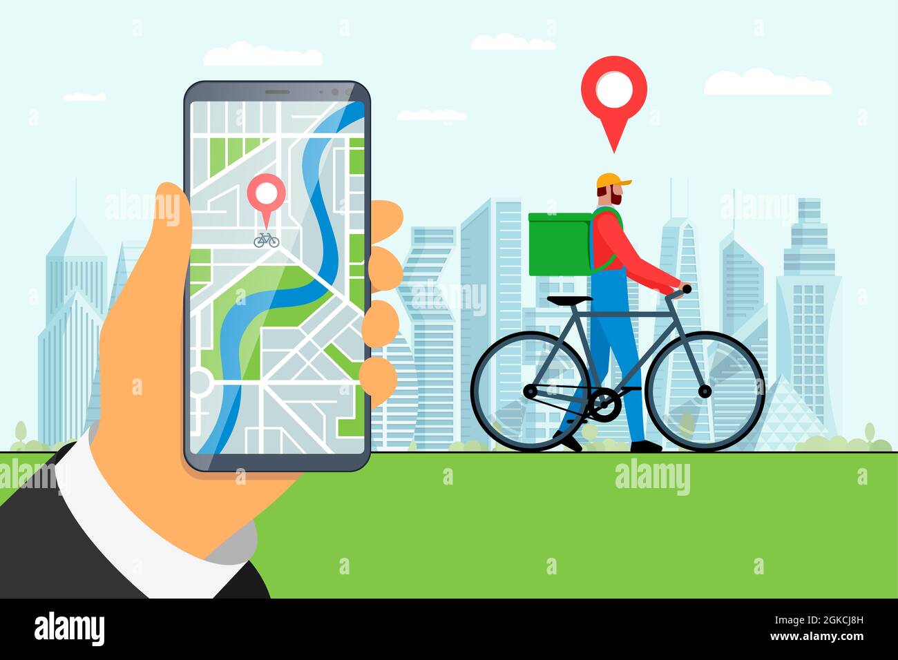 Express bicycle delivery ordering service app concept. Hand holding
