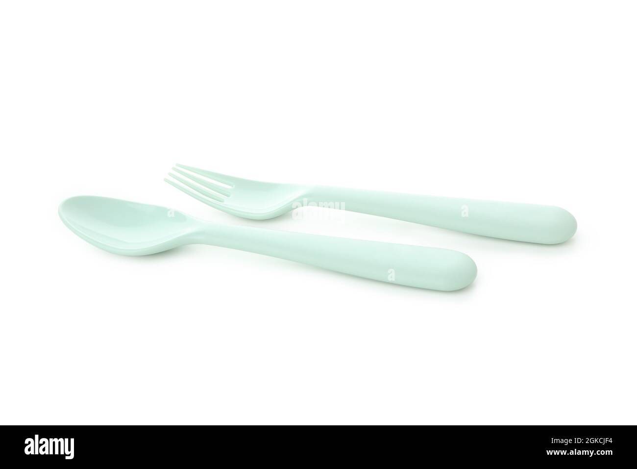 Plastic spoon and fork isolated on white background Stock Photo