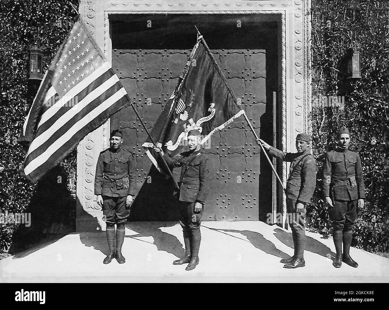 Photo of 1st Sgt. Arthur C. Davis, F company, 2nd Battalion, 117th Engineer Regiment, 42nd Infantry Division standing in front of the California Army National Guard Armory in Los Angeles, California during the 1920s. Stock Photo