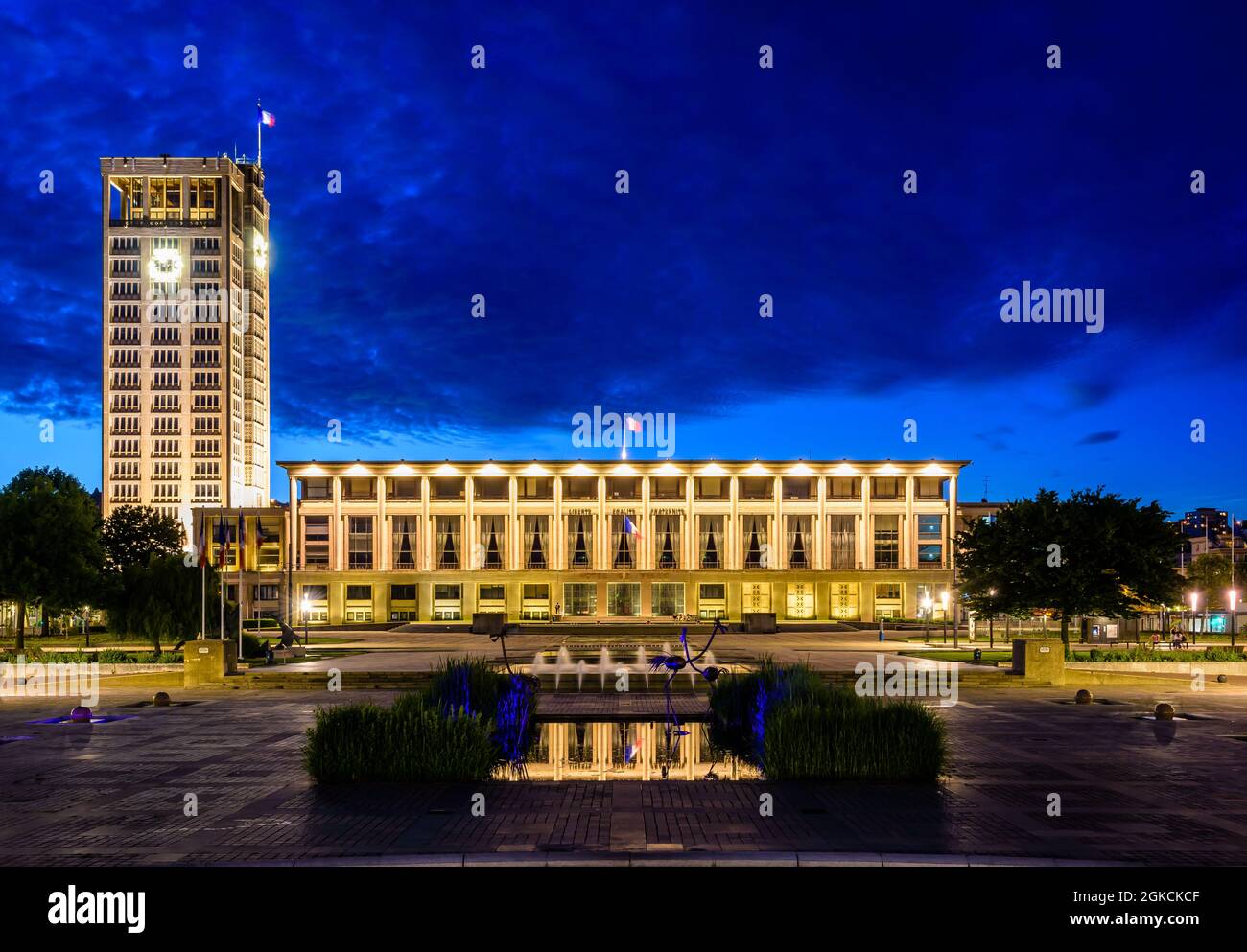 Facade and tower of the city hall of Le Havre, France, by night. Stock Photo