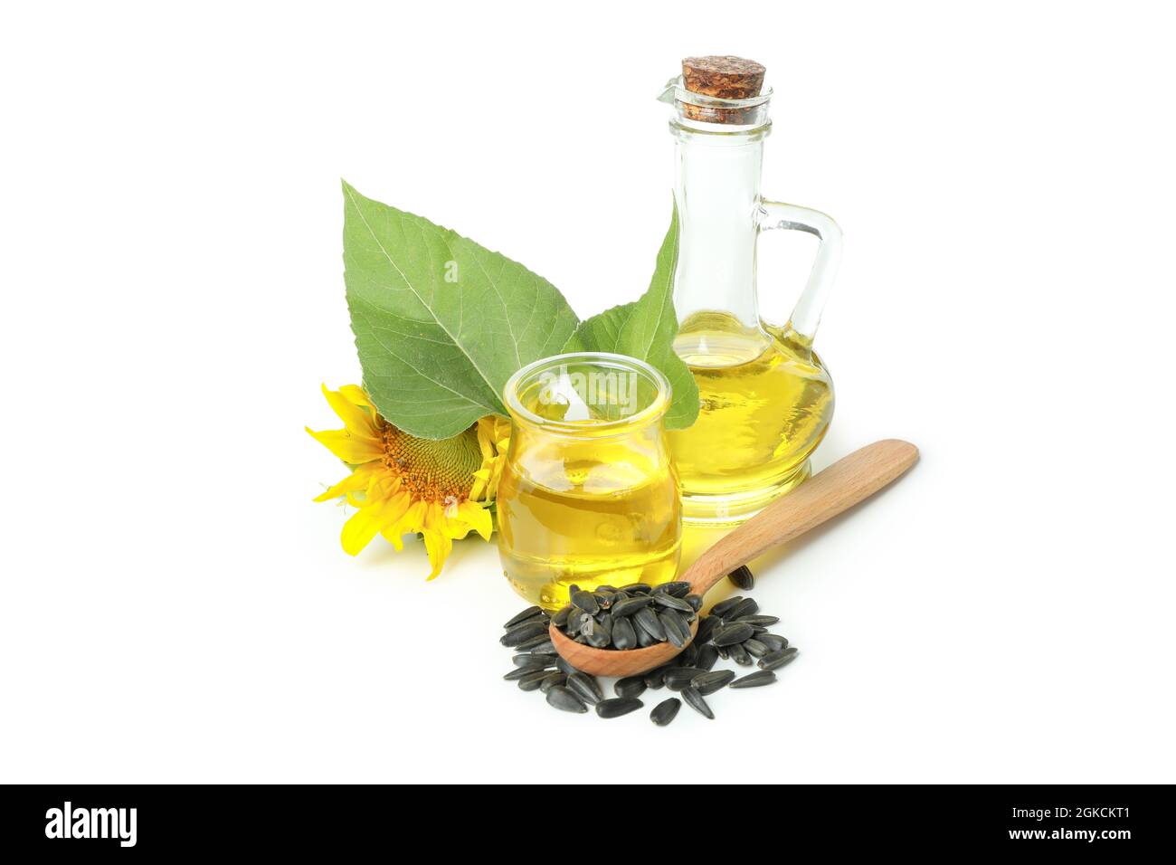 Sunflower oil and ingredients isolated on white background Stock Photo