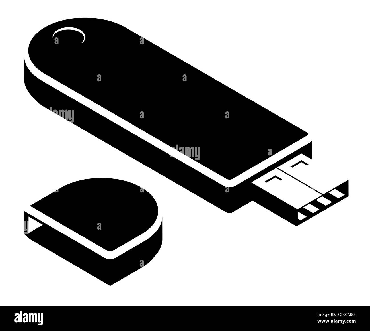 monochrome Isometric USB flash drive with key to important digital data. Reliable protection of information from hacking. Electronic digital signature Stock Vector