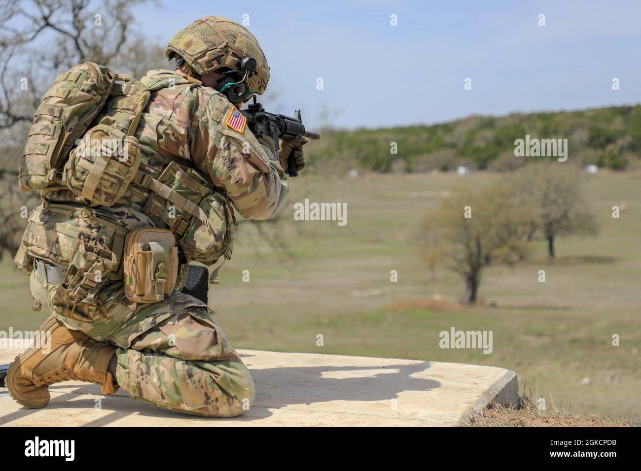 U.S. Army Capt. Thomas Loper, Army South network engineer officer, fires the M4 carbine on Joint Base San Antonio - Camp Bullis, Texas, March 15, 2021. Army South conducted qualification on various weapons systems the month of March. Stock Photo