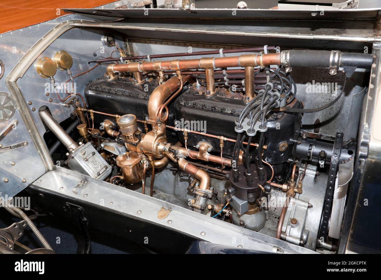 Close-up of a 7.4 liter, 6 cylinder  Rolls Royce  Silver Ghost Engine, on display, at the 2021 London Classic Car Show Stock Photo
