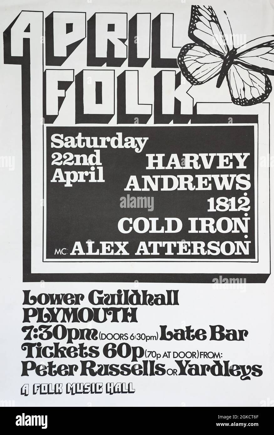 Archival poster of A Folk Music Hall concert at the Lower Guildhall, Plymouth December 1971 featuring Harvey Andrews, 1812: Cold Iron and MC Alex Atte Stock Photo