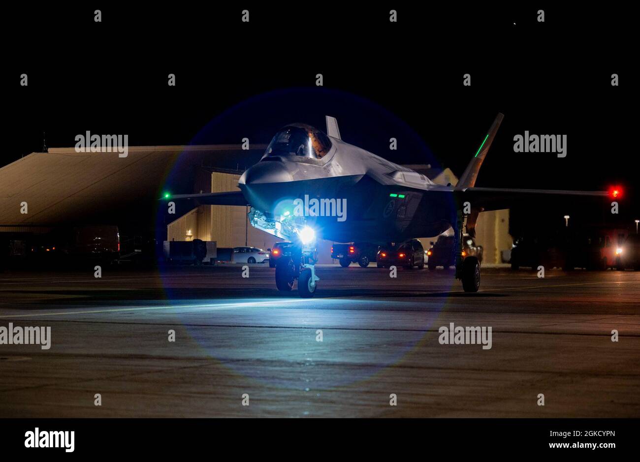 An F-35 Lightning II assigned to the 62nd Fighter Squadron from Luke Air  Force Base, Arizona, taxis down the runway during Red Flag 21-2 at Nellis  Air Force Base, Nevada, Mar17, 2021.