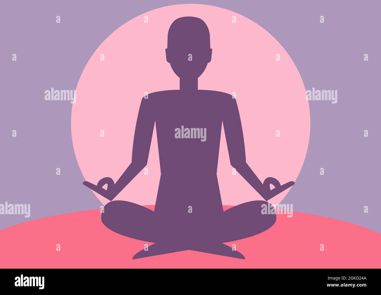 Silhouette of man meditating icon over round pink banner against purple background Stock Photo