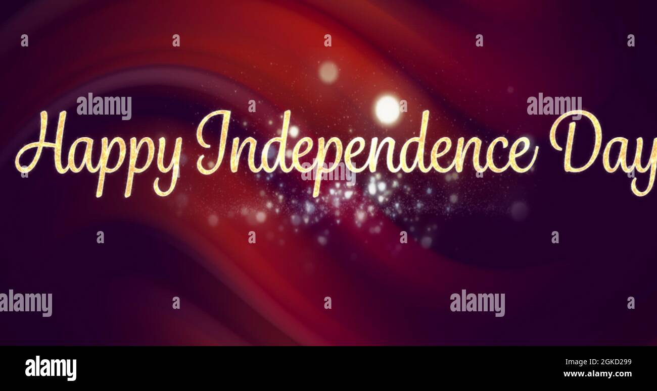Image of text happy independence day with sparkles, over red and black swirls Stock Photo