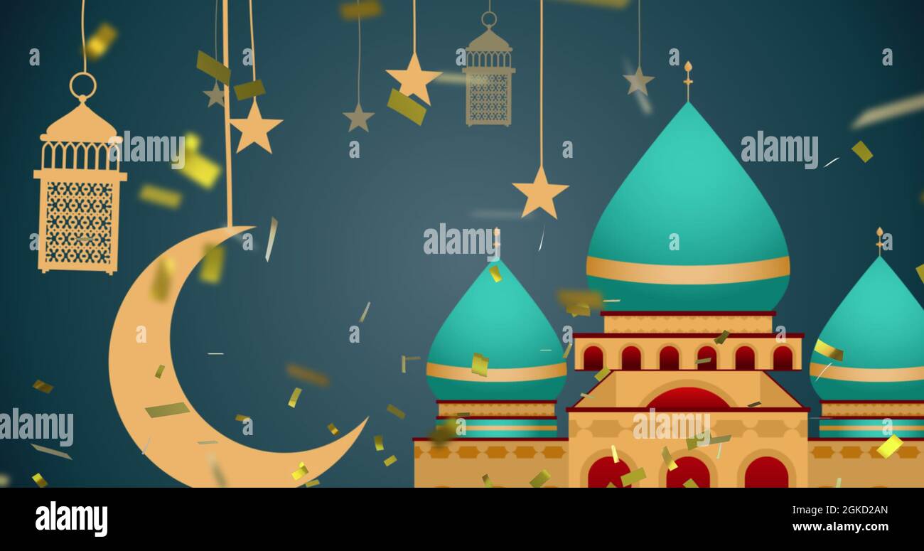 Image of arabic style rooftops, crescent moon, lamps and stars with falling confetti on blue Stock Photo