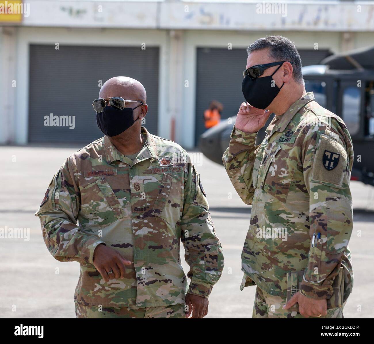 From left, Senior Enlisted Advisor to the Chief, Tony L. Whitehead, and  Command Sergeant Major Andrés Ruiz, and State Command Sergeant Major,  arrive at the Mercedita Airport in Ponce, Puerto Rico, March