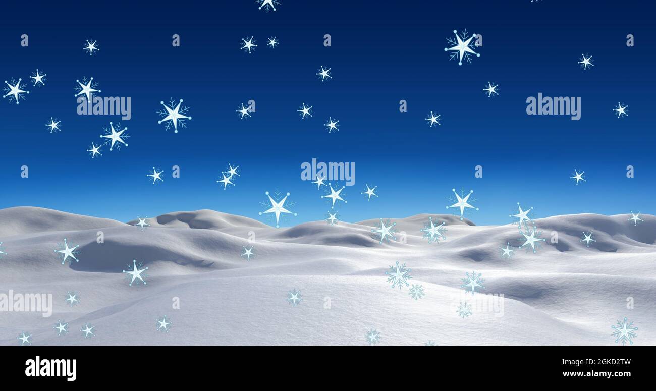 Digital image of multiple stars falling on winter landscape against ...
