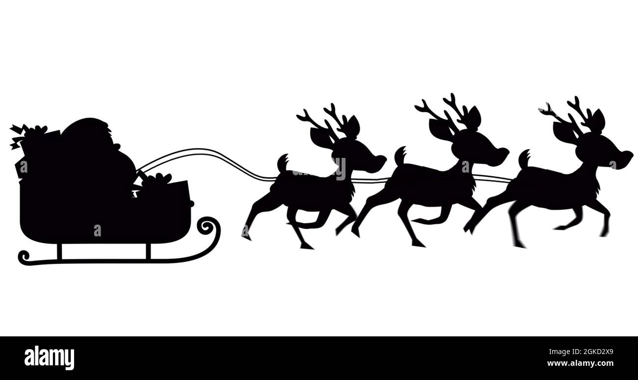 Image of black silhouette of santa claus in sleigh being pulled by ...