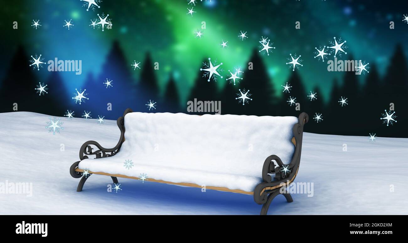 Digital image of snowflakes falling over bench on winter landscape ...