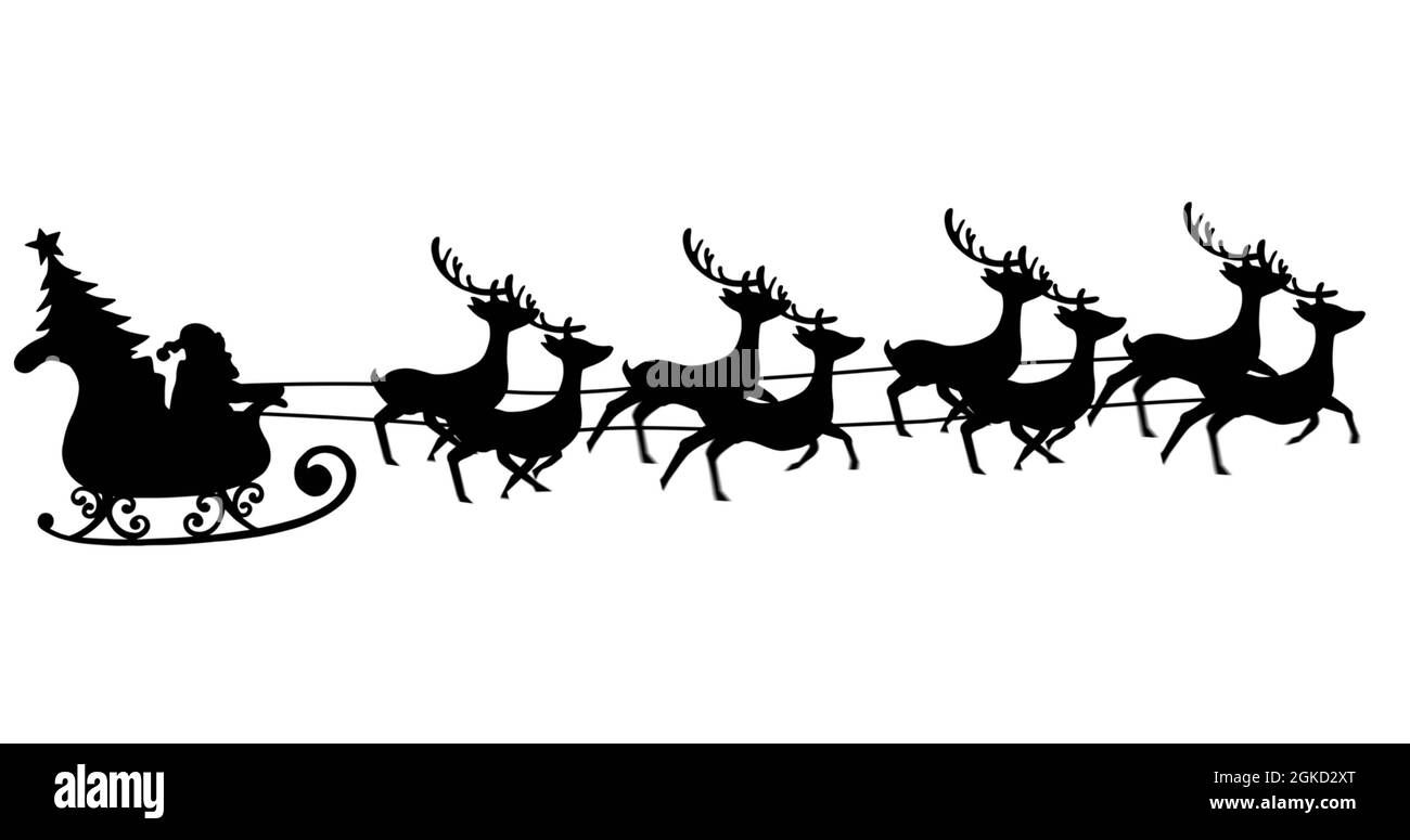Digital image of black silhouette of santa claus in sleigh being pulled ...