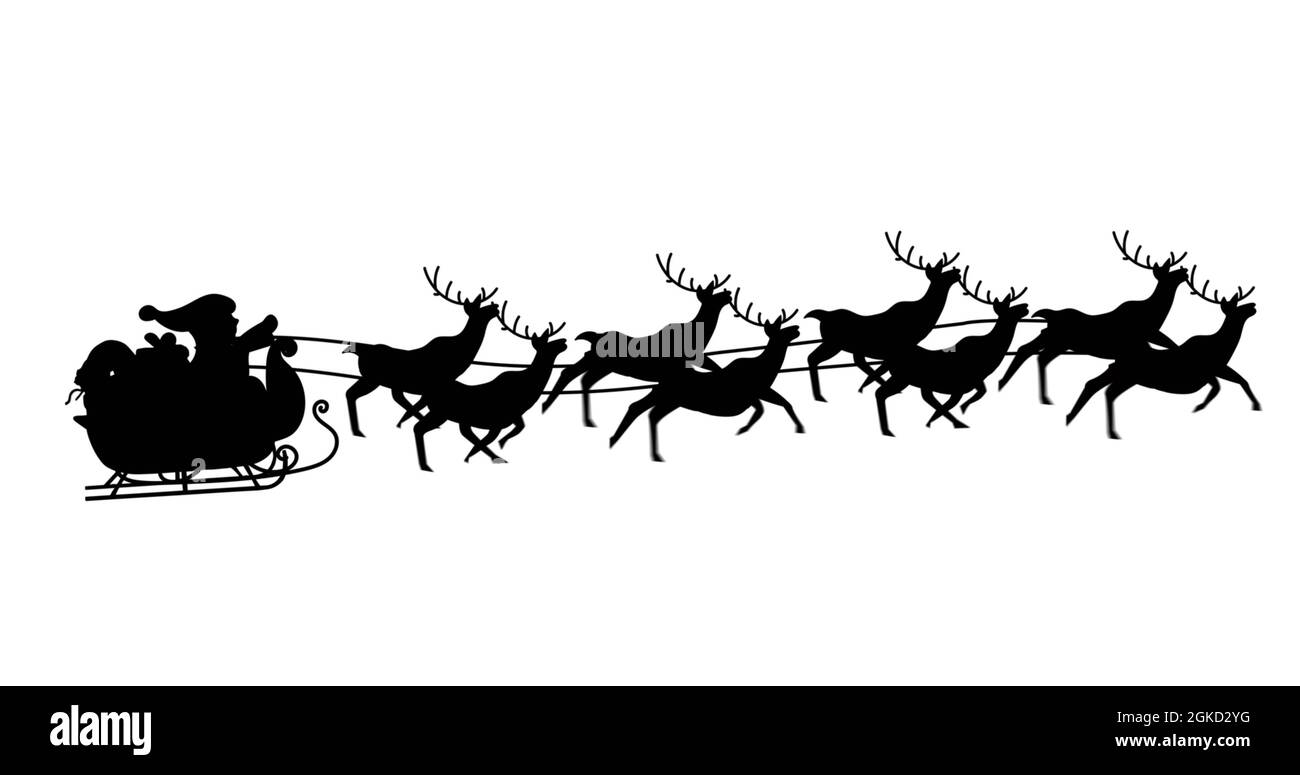 Digital image of black silhouette of santa claus in sleigh being pulled ...