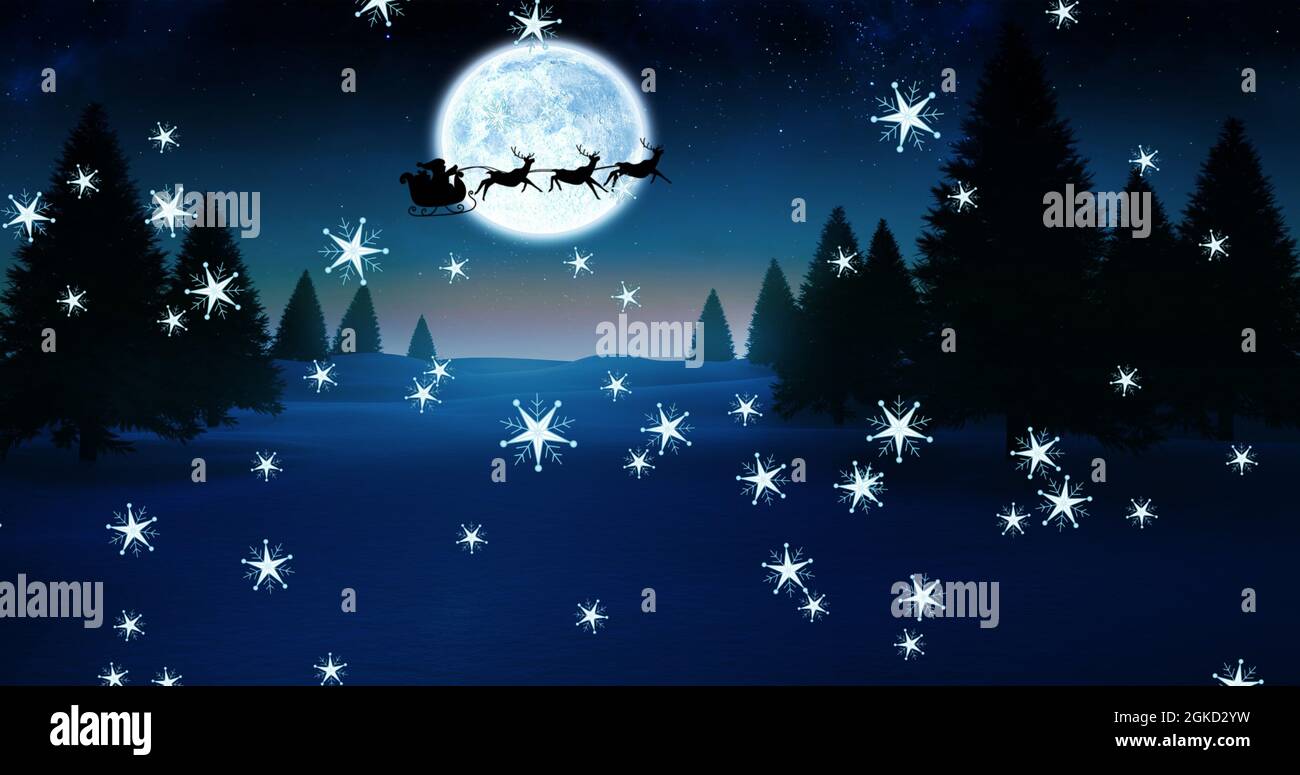Image of silhouette of santa claus in sleigh being pulled by reindeer ...