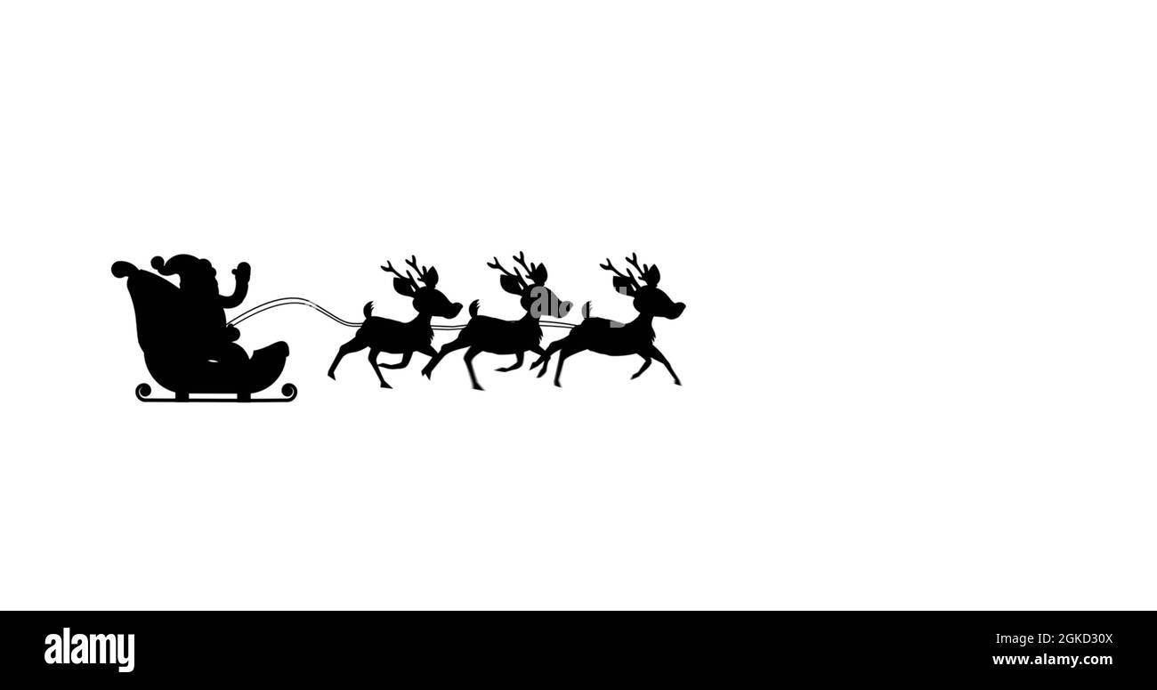 Digital image of black silhouette of santa claus in sleigh being pulled ...