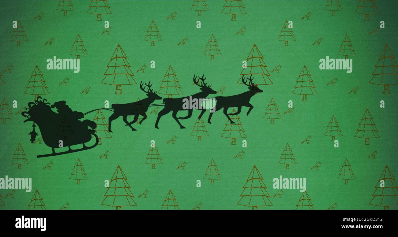 Digital image of black silhouette of santa claus in sleigh being pulled ...