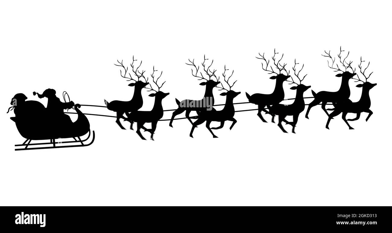 Digital image of black silhouette of santa claus in sleigh being pulled ...