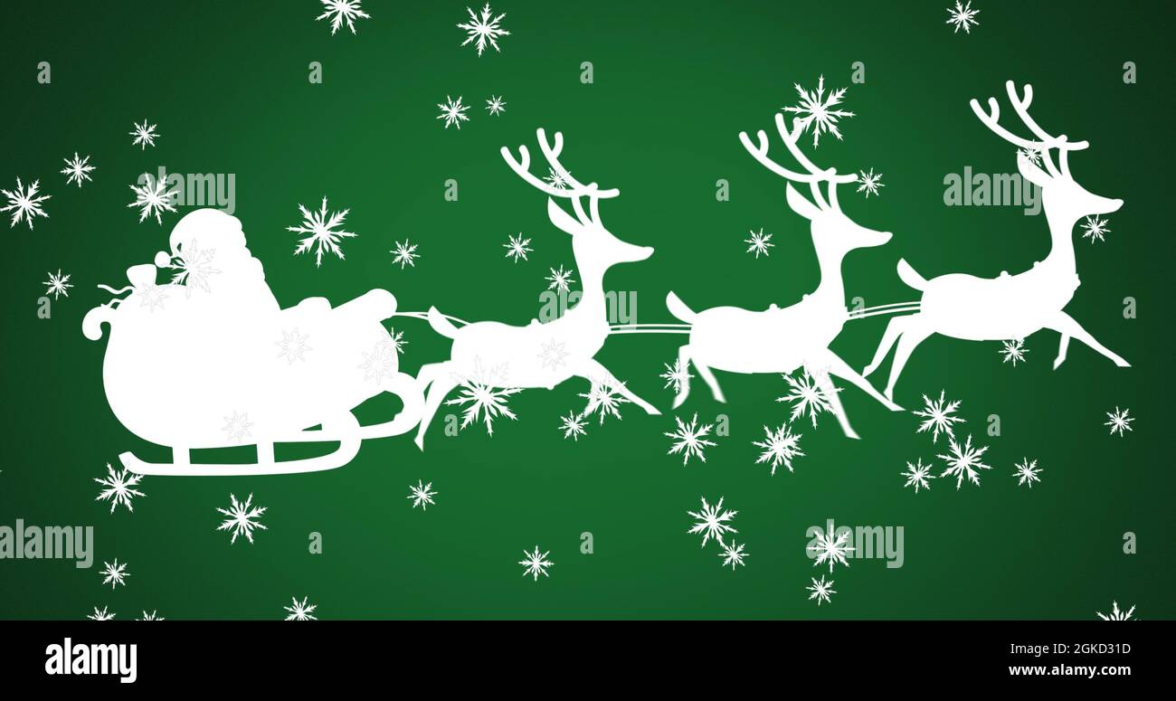 Image of white silhouette of santa claus in sleigh being pulled by ...