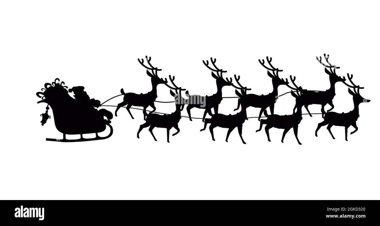Image of black silhouette of santa claus in sleigh being pulled by ...