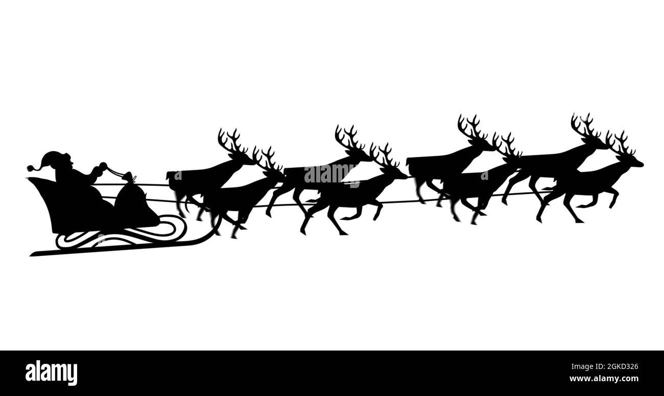 Digital image of black silhouette of santa claus in sleigh being pulled ...