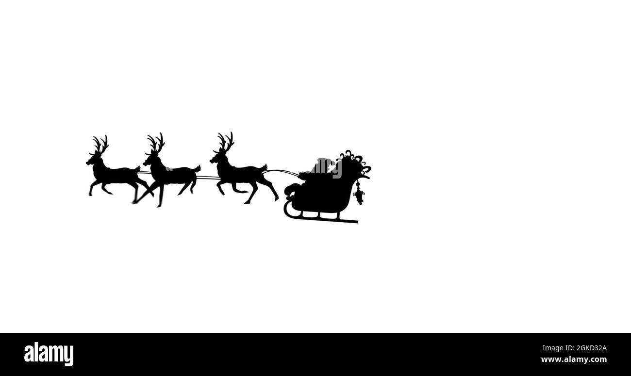 Digital image of black silhouette of santa claus in sleigh being pulled ...