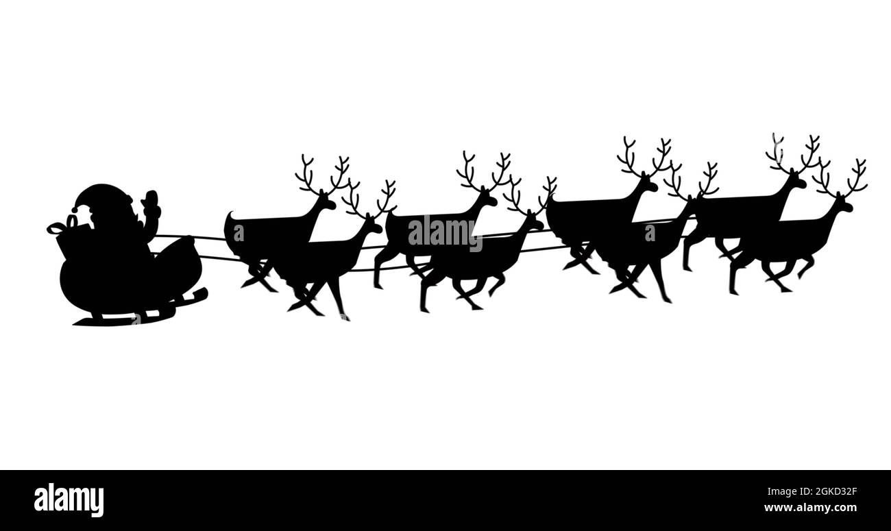 Image of black silhouette of santa claus in sleigh being pulled by ...