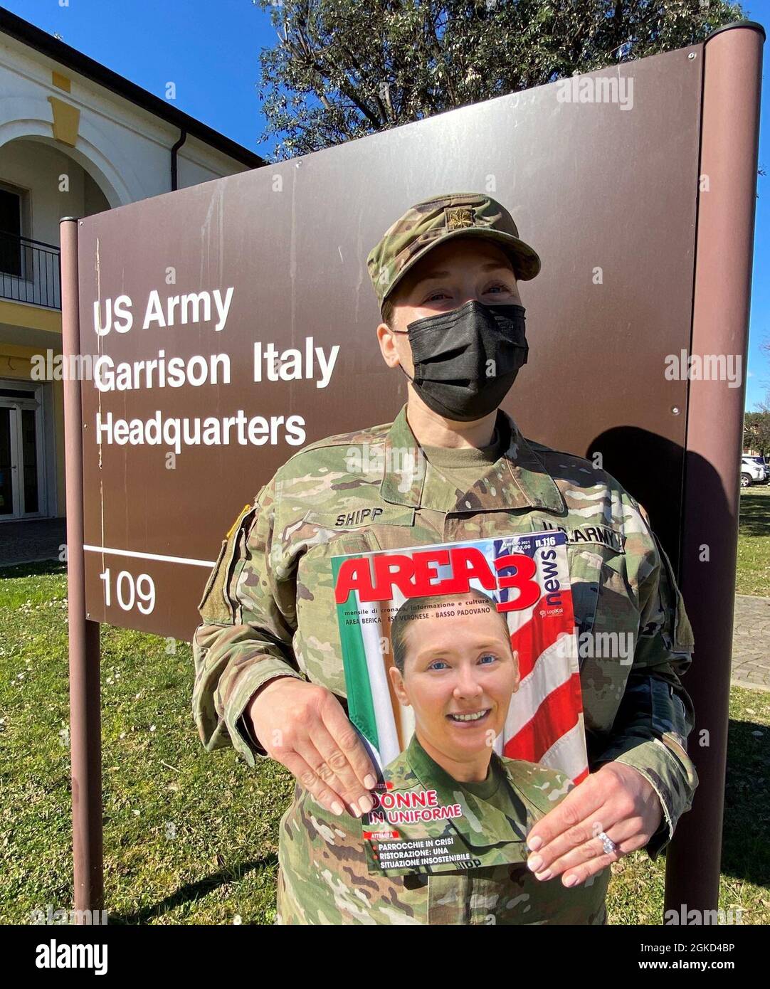 U.S. Army Garrison Italy Executive Officer Maj. Leslie A. Shipp appears on the February 2021 cover issue of the Italian monthly magazine AREA3.  The magazine wrote a feature story on host nation women in the military and two U.S. Army Soldiers from the Vicenza military community who contributed with their experiences in the spirit of integration and partnership with Italian female service members. Stock Photo