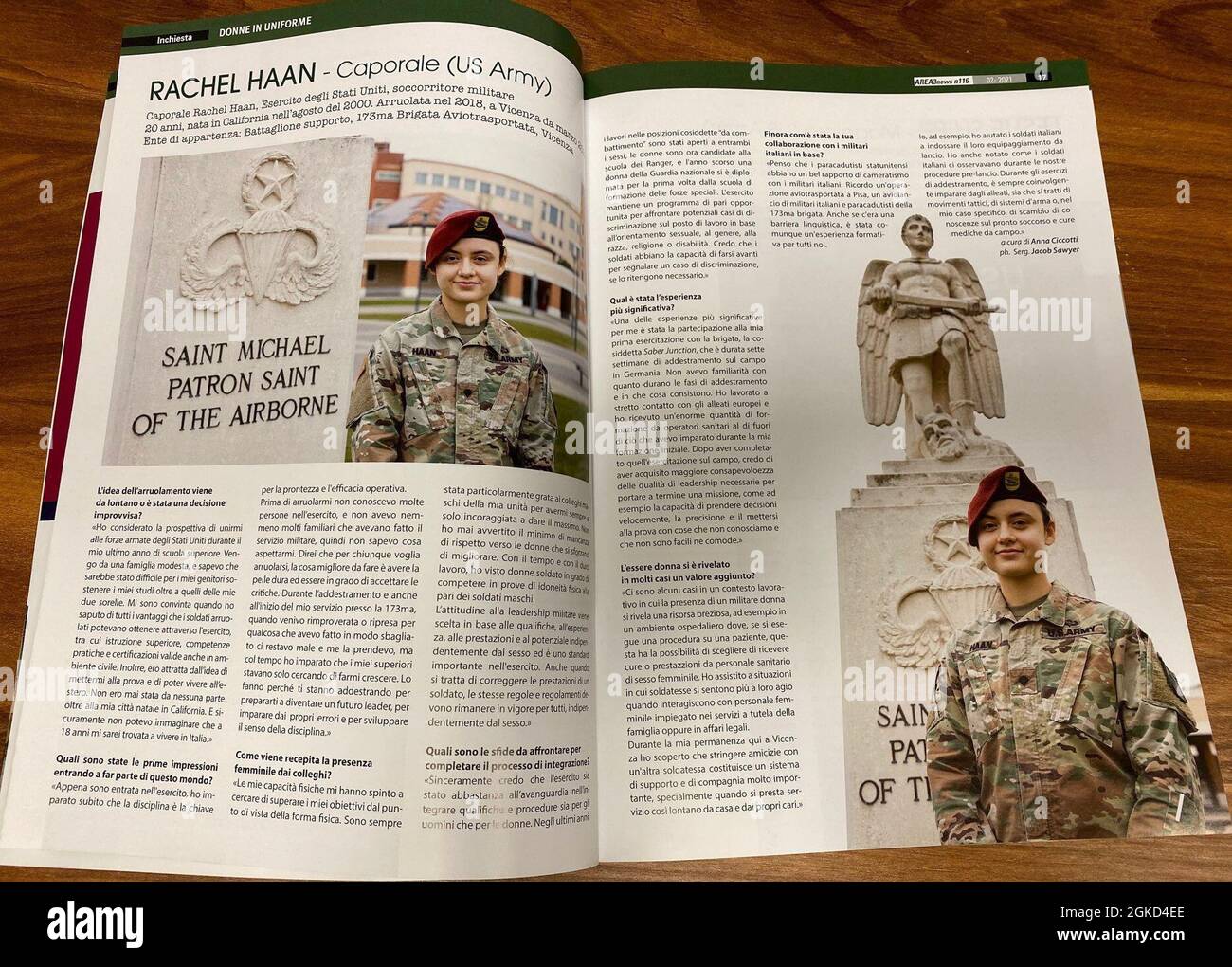 Spc. Rachel Haan, combat medic assigned to the 173rd Brigade Support Battalion (Airborne), 173rd Airborne Brigade, located on Caserma Del Din in Vicenza, Italy participated in an interview with an Italian monthly magazine AREA3 featuring women in uniform February 2021. A native of California, the 21-year-old and arrived to Del Din in August 2020. Stock Photo