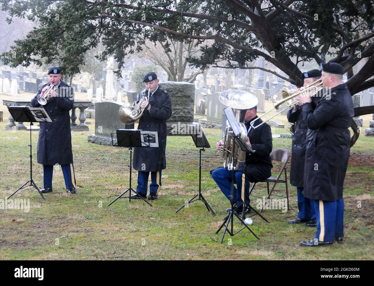 The Army Reserve’s 78th Army Band provides ceremonial music during a wreath-laying ceremony March 18 hosted by the 99th RD at President Grover Cleveland’s gravesite in Princeton Cemetery. The Presidential Wreath Laying Program is administered by the White House Military Office, which is responsible for coordinating the annual placement of presidential wreaths at the tombs and resting places of former presidents, other famous Americans and at certain memorials of historical significance. Stock Photo