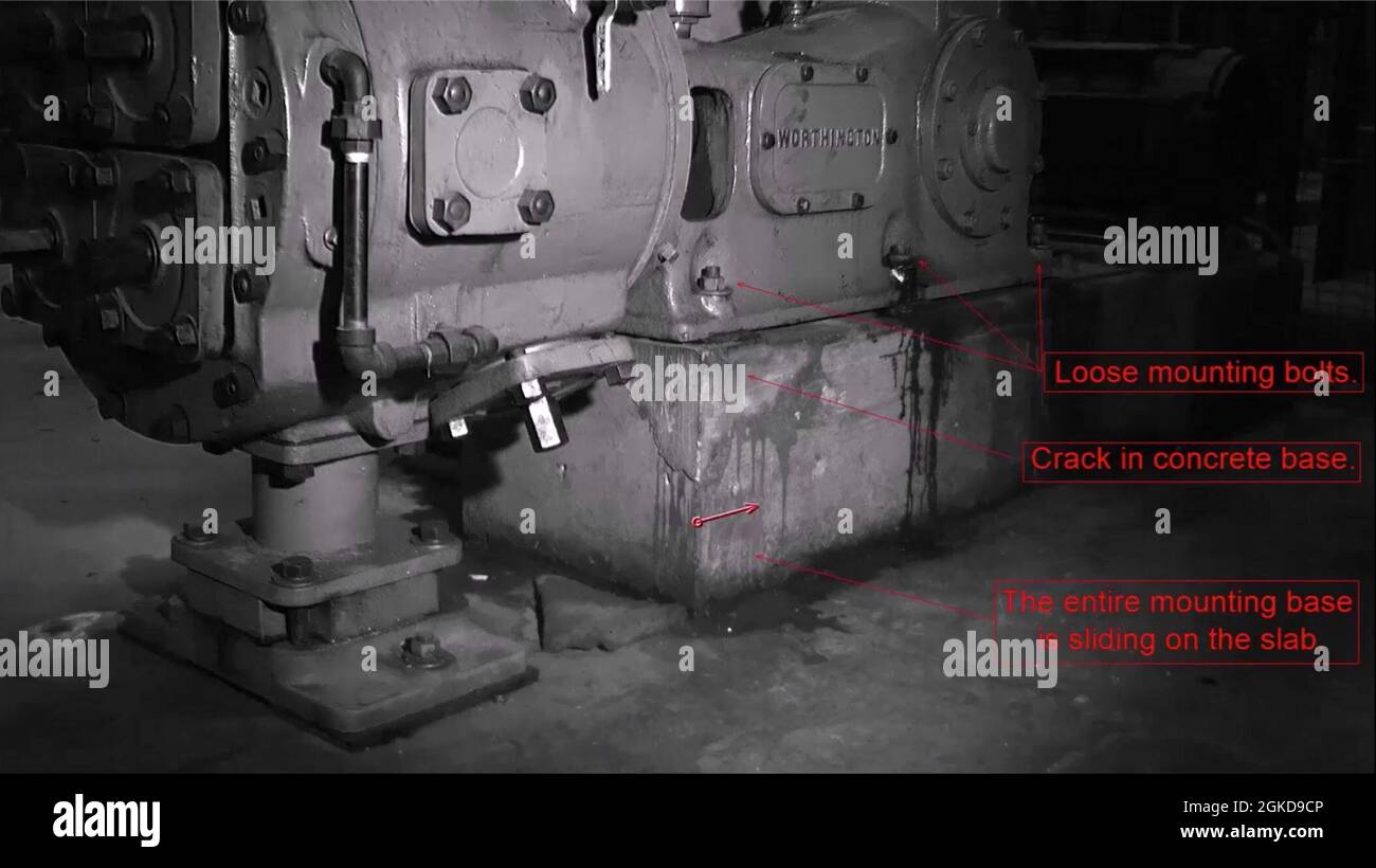 A screen capture from a vacuum pump test at the Oklahoma City Air Logistics Complex shows significant motion from loose bolts and a crack in a concrete base that engineers say would have eventually caused catastrophic failure and cost the Air Force more than half a million dollars. The motion is virtually undetectable to the human eye but new technology, in use by the 76th Maintenance Support Group, allows engineering techs to pinpoint causes for deflection, displacement, movement and vibration. Stock Photo