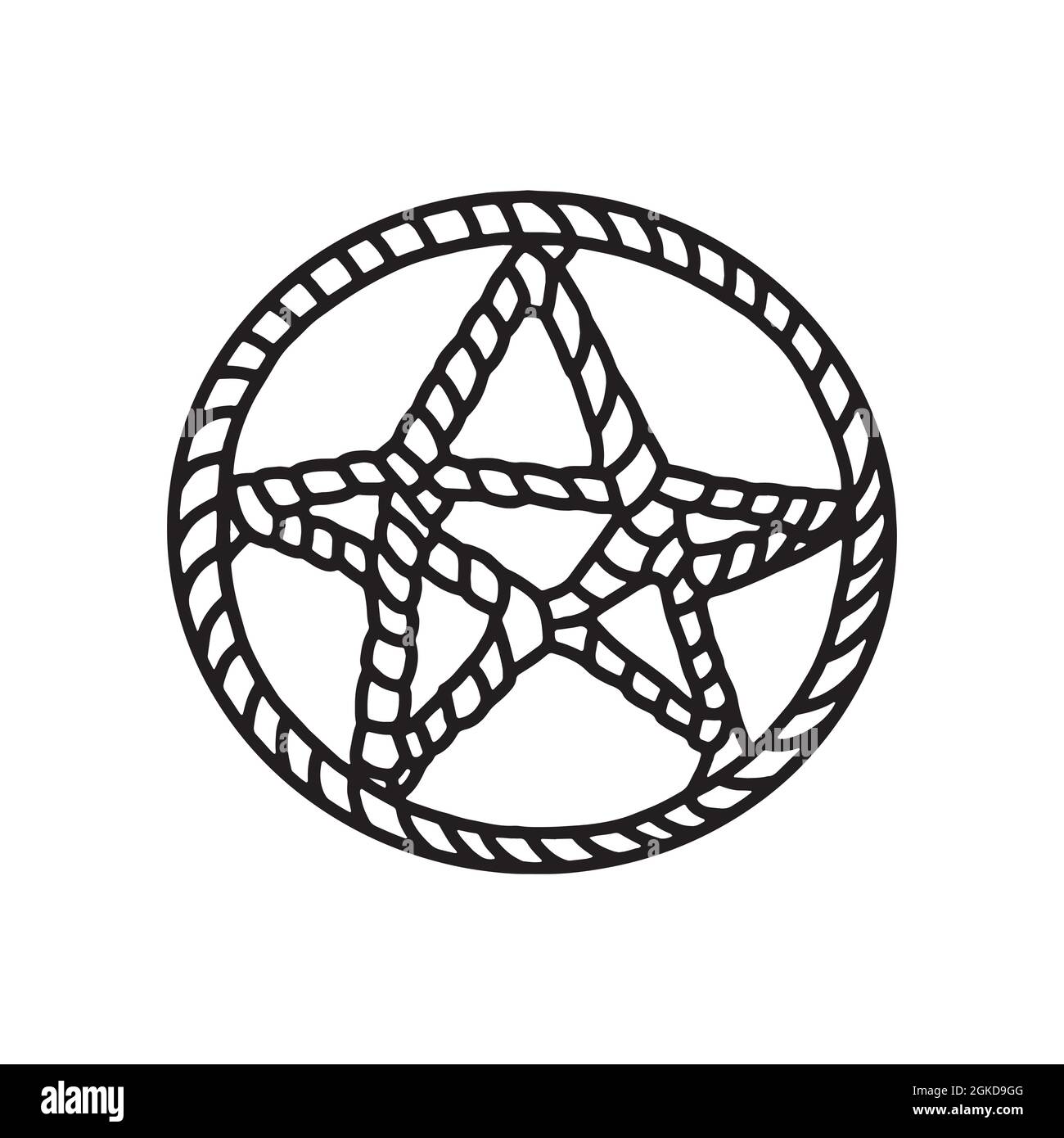 Pentagram symbol. Magic pentacle circle. Mystic and occult symbols. Halloween and esoteric witchcraft. Hand drawn sketch vector line. Stock Vector