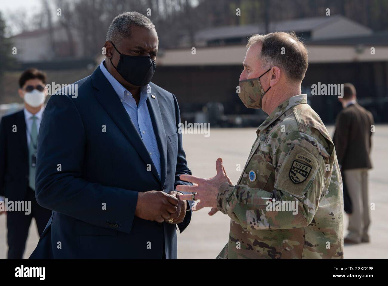 Army Gen. Robert B. 'Abe' Abrams, commander of the United Nations Command, Combined Forces Command and United States Forces Korea meets with Secretary of Defense Lloyd J. Austin III at Osan Air Base, Republic of Korea, March 19, 2021. Stock Photo