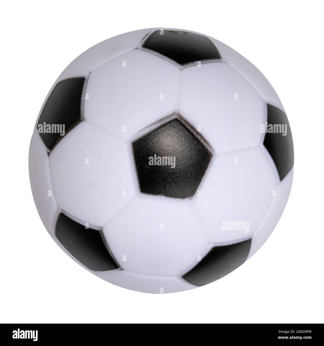 Top view of toy black and white football. Isolated on a white background. Stock Photo