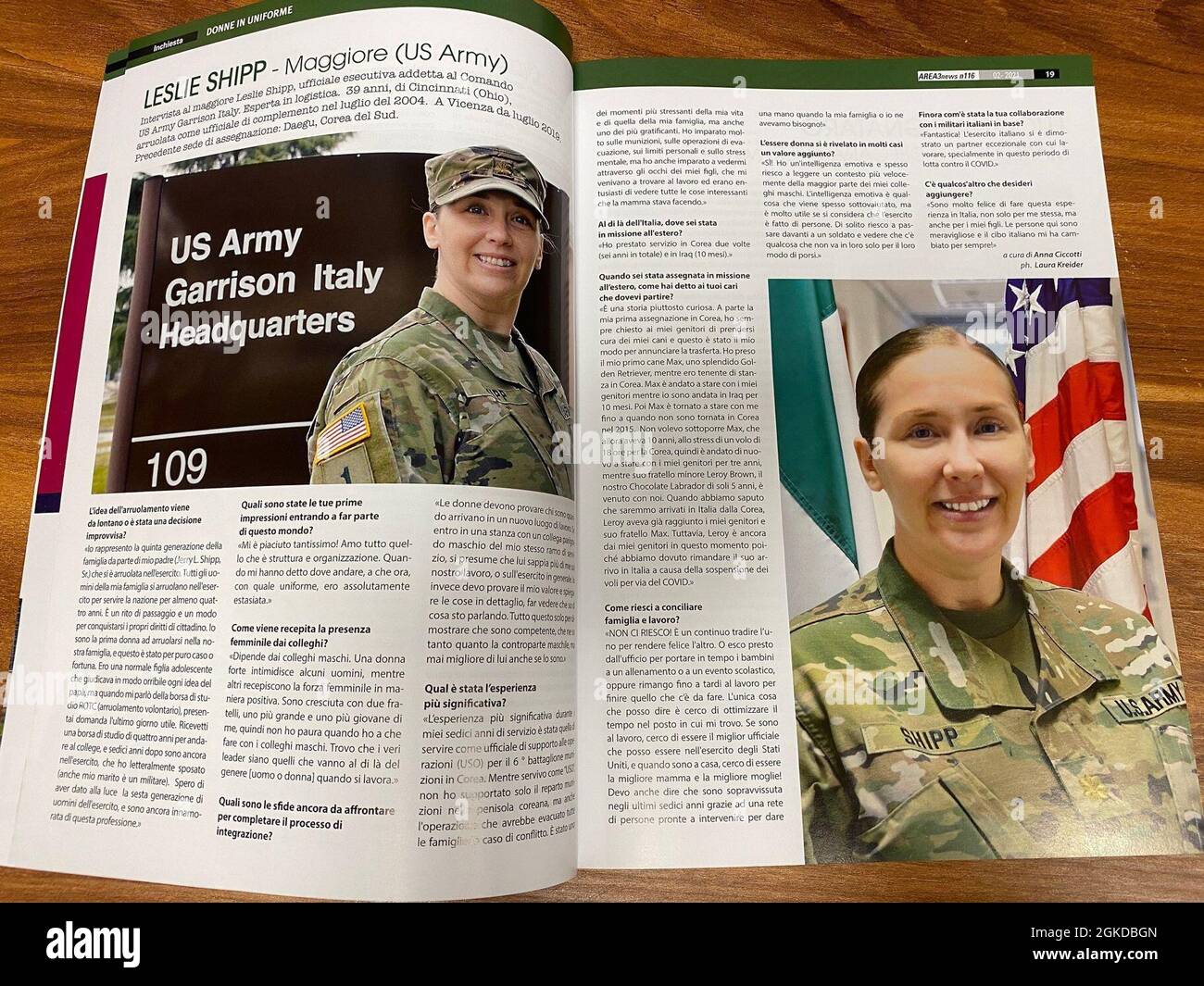 U.S. Army Garrison Italy Executive Officer Maj. Leslie A. Shipp participated in an interview with an Italian monthly magazine AREA3 in February 2021.  The magazine wrote a feature story on host nation women in the military. Shipp is one of the two U.S. Army Soldiers from the Vicenza military community who contributed with their experiences in the spirit of integration and partnership with Italian female service members. Stock Photo