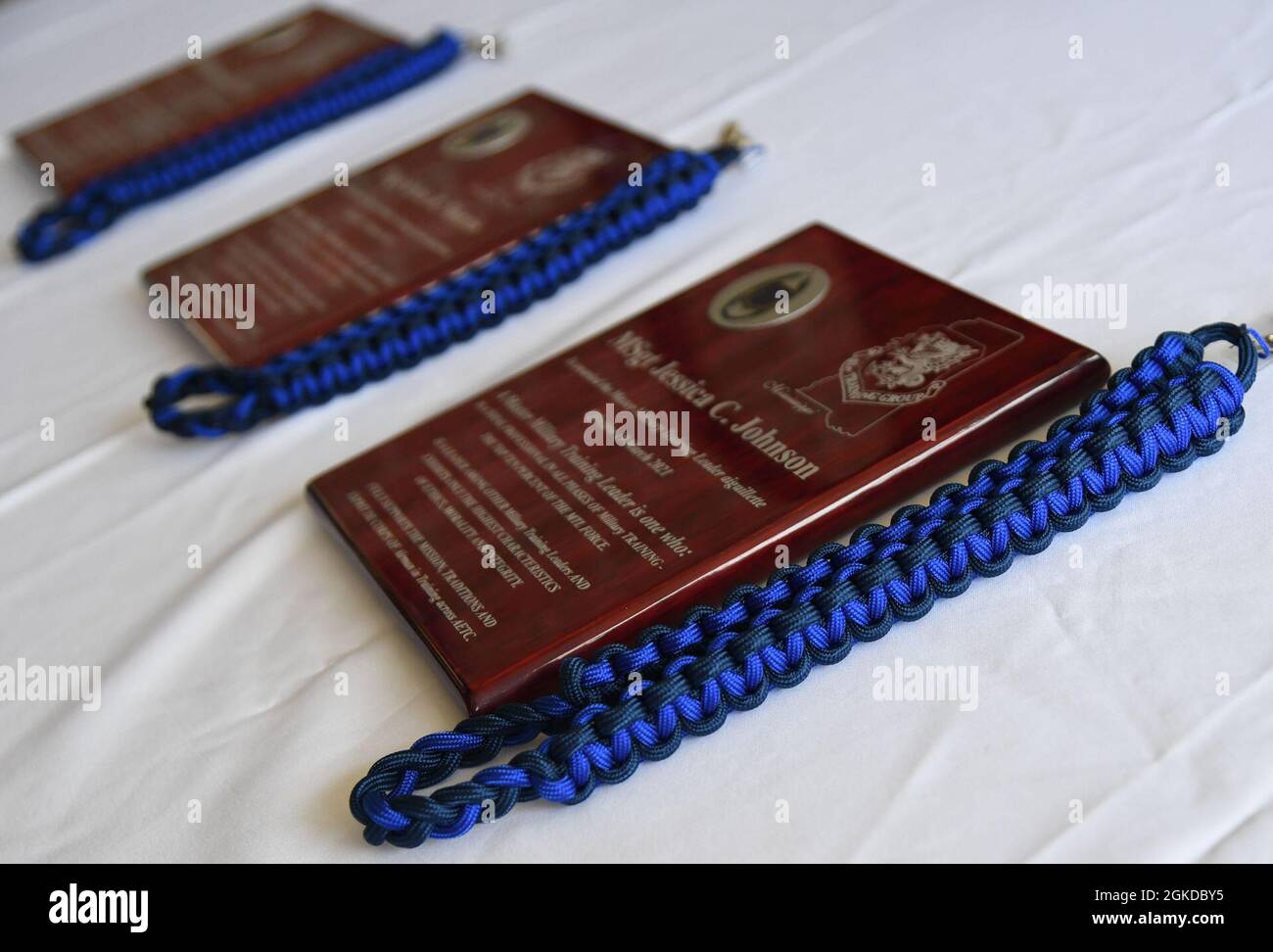 Master Military Training Leaders' ropes and plaques are displayed outside the Levitow Training Support Facility at Keesler Air Force Base, Mississippi, March 19, 2021. The Master Military Training Leader Program, created at Keesler, was designed to distinguish the military training leaders who have mastered the demonstration, evaluation and reinforcement of military standards; exude military bearing and discipline while scheduling and conducting military training; and are key leaders among Airmen and their peers. Stock Photo