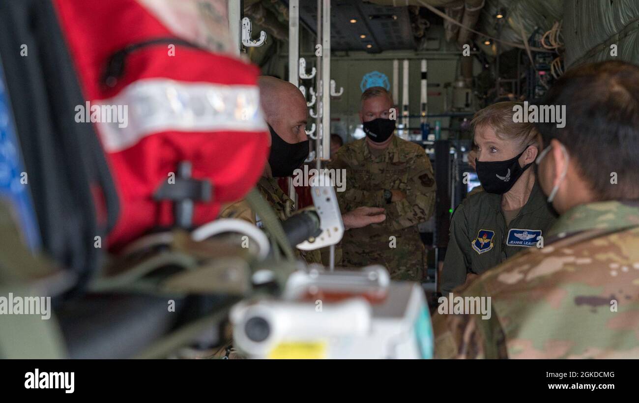 Maj. Gen. Jeannie M. Leavitt, director of operations and communications for the Air and Education Training Command at Joint Base San Antonio-Randolph, Texas, learns about the 36th Aeromedical Evacuation Squadron mission from Master Sgt. Ryan McClellan during a visit at Keesler Air Force Base, Miss., March 19, 2021. After joining the Air Force in 1992, Leavitt became the branch's first female fighter pilot in 1993. She visited the 81st Training Wing and the Air Force Reserve's 403rd Wing, and she spoke to members of Team Keesler during an event recognizing Women's History Month. Stock Photo