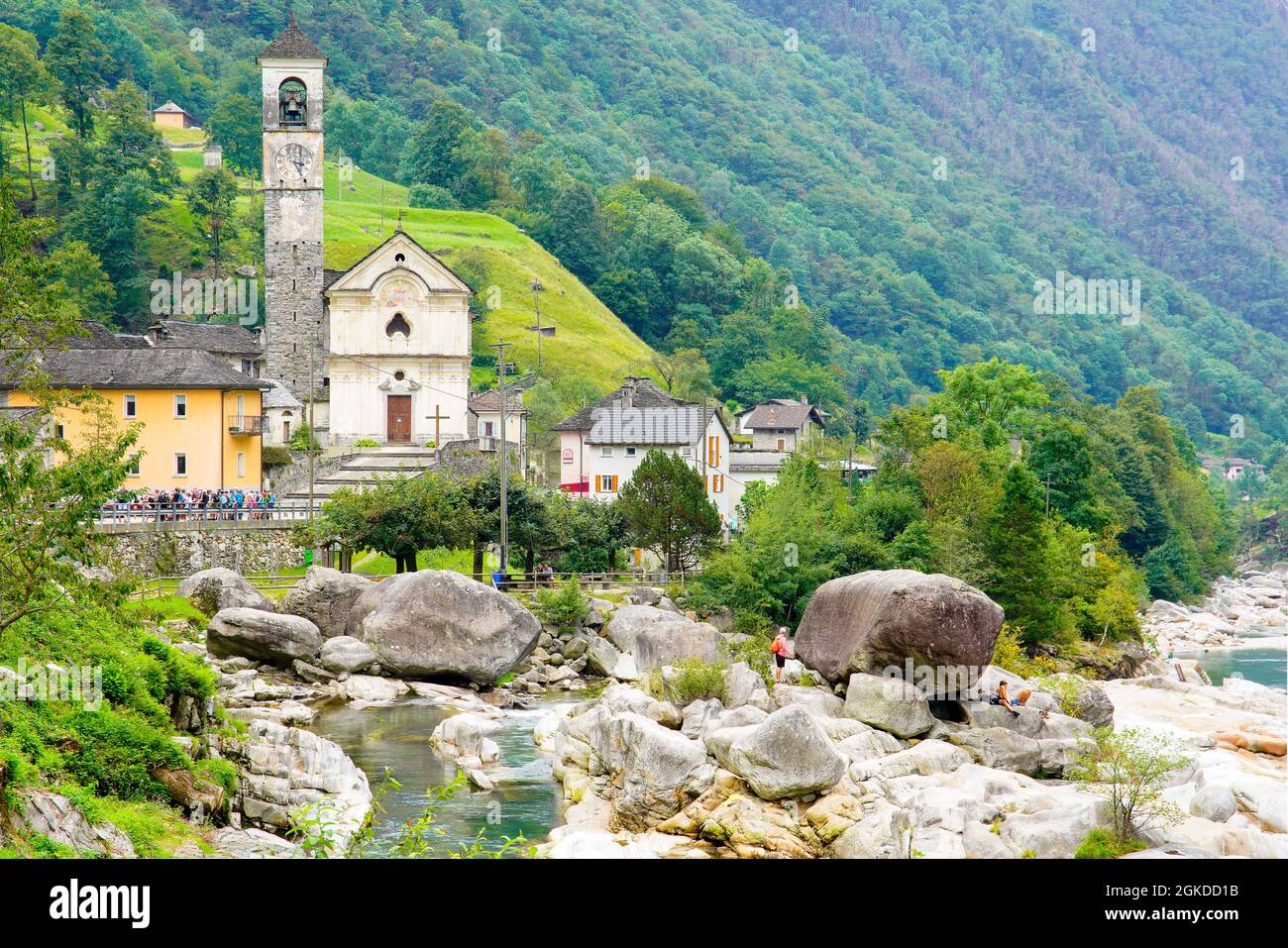 Picturesque Lavertezzo village in alpine Verzasca valley in Switzerland . Lavertezzo is a municipality in the district of Locarno in the canton of Tic Stock Photo